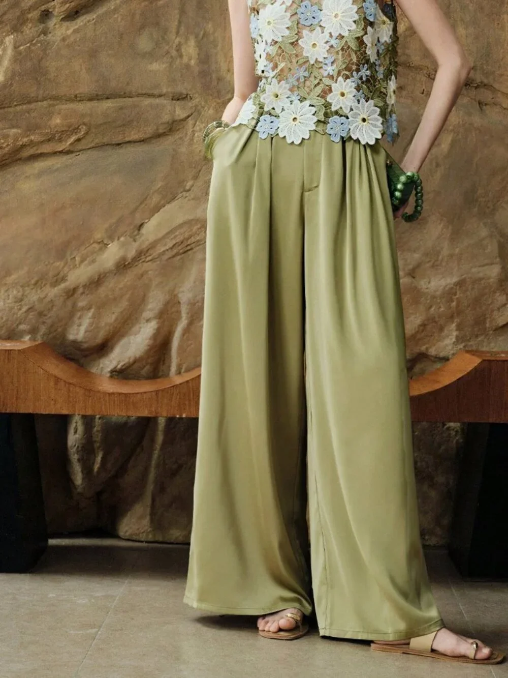 Olive Green Elegant Satin Wide-Leg Women's High-Waisted Office Pants - Picture 7 of 7